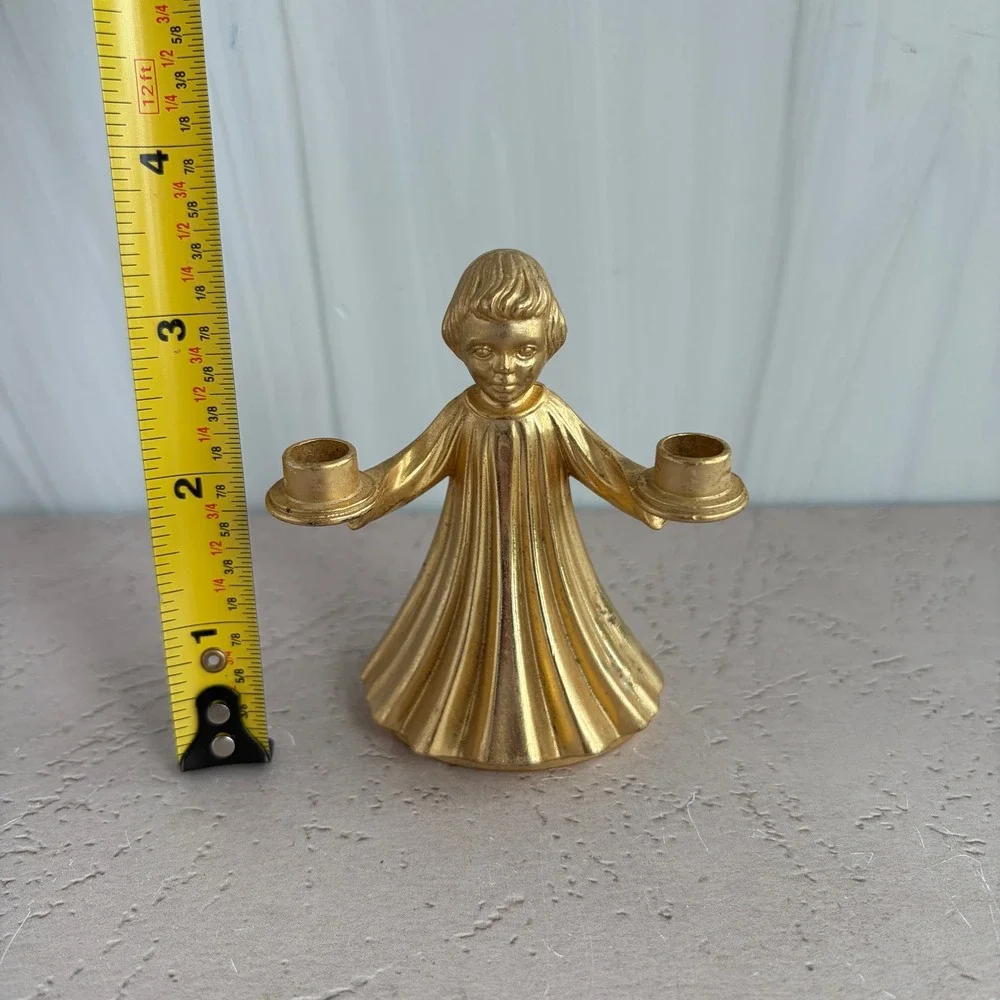Vintage Gold Tone Metal Angel Choir Boy Double Candle Holder Chime Taper B Mark